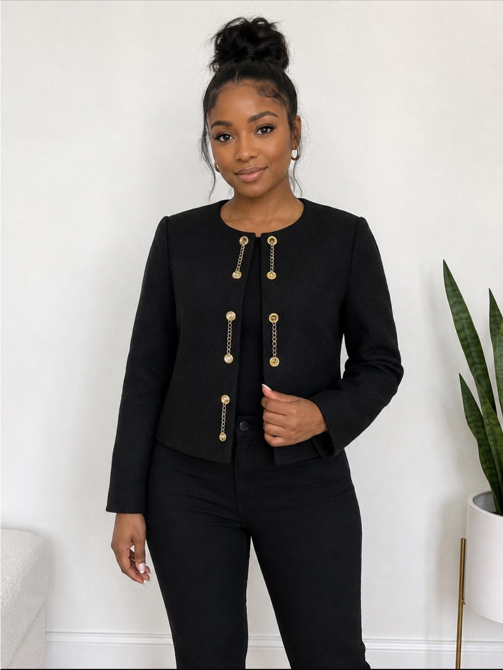 Alex Marie Black Textured Wool Blend Jacket Gold Chain Trim Women’s Size 8
